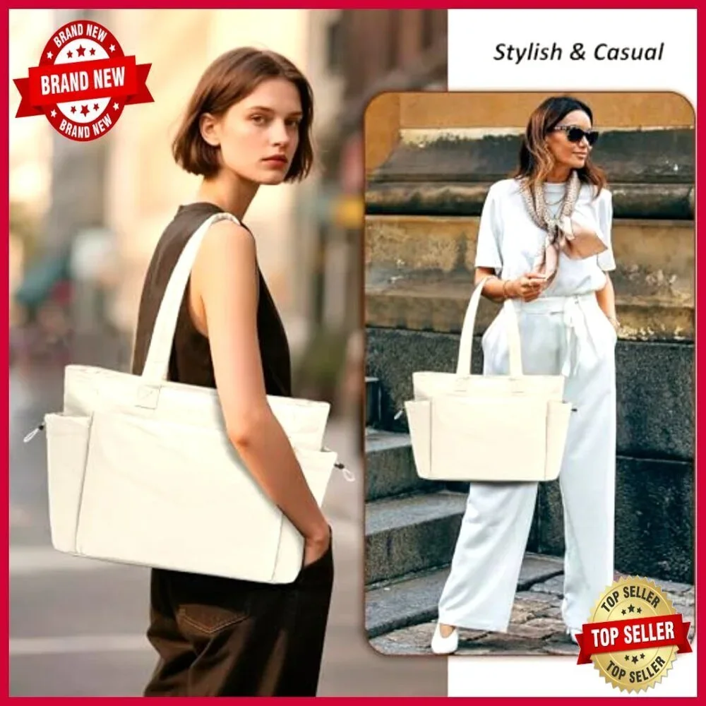 Large Puffer Tote Bag with Zipper, 8 Pockets, Lightweight Work Travel Bag